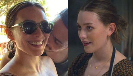 left: hillary duff and her husband kissing right a picture of Victoria as love quinn